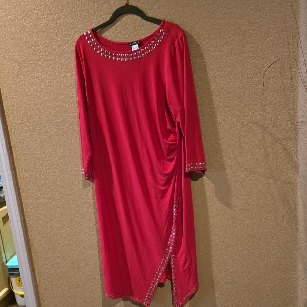 VENUS Red Ruched StuddedLong Sleeve Dress Xl
